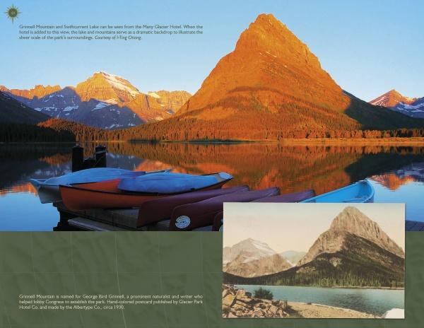 A golden sunset reflects Grinnell Mountain on a lake in Glacier National Park, with vibrant canoes in front. At bottom right, an inset shows a vintage postcard of the same scene. Product by Schiffer Publishing, Ltd.