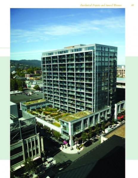 The award-winning Green Roof Designs by Schiffer Publishing, Ltd. features modern residential buildings with glass balconies and lush green roofs, illustrating innovative living architecture in urban settings under clear skies.