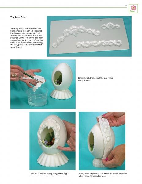 Step-by-step instructions from Schiffer Publishing, Ltd.'s Sugar Art teach how to use lace molds with fondant to decorate panorama eggs—learn brushing lace, attaching it to a hollow egg on a stand, and sealing seams with fondant trim.