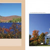 Schiffer Publishing, Ltd.’s “Vermont” features a birch tree with red autumn leaves by a blue lake, mountains beyond, and a white steepled church surrounded by vibrant fall foliage under a clear sky.