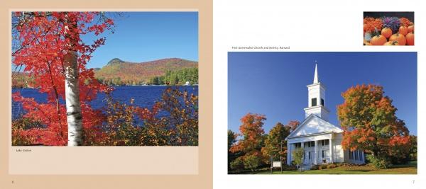 Schiffer Publishing, Ltd.’s “Vermont” features a birch tree with red autumn leaves by a blue lake, mountains beyond, and a white steepled church surrounded by vibrant fall foliage under a clear sky.