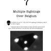 A page titled Military Response to UFO Activity by Schiffer Publishing, Ltd. features text on 1990 military UFO sightings in Belgium, an alien face icon, and a grainy black-and-white photo of four lights forming a triangle in the night sky.