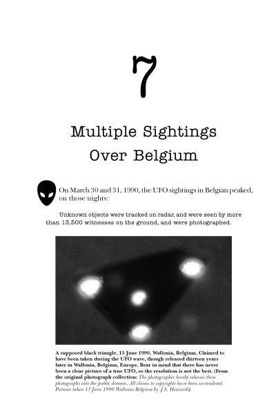 A page titled Military Response to UFO Activity by Schiffer Publishing, Ltd. features text on 1990 military UFO sightings in Belgium, an alien face icon, and a grainy black-and-white photo of four lights forming a triangle in the night sky.