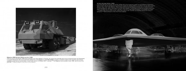 A two-page spread from Weapons of Mass Destruction by Schiffer Publishing, Ltd.: left page features a large military vehicle in a hangar; right page shows a sleek black stealth aircraft with text on its Cold War nuclear weapons era role.