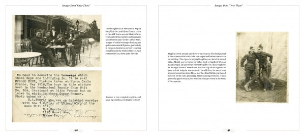 A two-page spread from "Images from Over There" by Schiffer Publishing, Ltd. displays sepia vintage WWI soldier photos at a café, men in costume, and both typed and handwritten text about beverages and postcards.