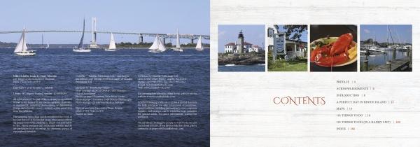 Sailboats on blue water and a bridge appear beside a table of contents for "101 Things to Do in Rhode Island" by Schiffer Publishing, Ltd., featuring photos of a lighthouse, lobster meal, marina, and coastal attractions.