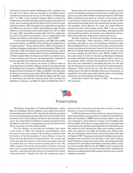 A magazine page for "Where the Presidents Were Born" by Schiffer Publishing, Ltd. features two columns on historic presidential locations, with dense text and a small American flag image above the “Preservation” section header.