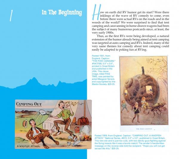 A page from "Camper & RV Humor" by Schiffer Publishing, Ltd. highlights RV humor history with witty text and vintage art: campers escaping a wasp attack and a child near a large barrel-shaped house on wheels.