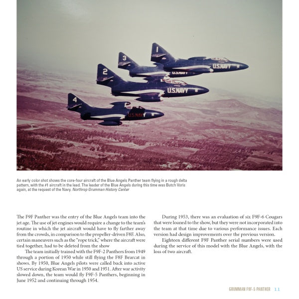 Four US Navy Blue Angels F9F Panthers soar in diamond formation above a coastline—a striking scene from Blue Angels history featured in The Blue Angels by Schiffer Publishing, Ltd.
