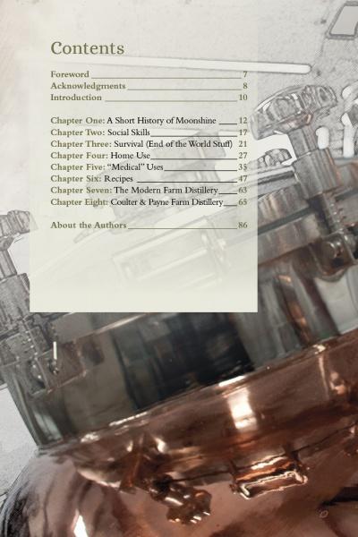 A page from Coulter & Payne Farm Distillery's 101 Uses for Moonshine by Schiffer Publishing, Ltd. shows the table of contents over a grayscale image of a copper still, with chapters on moonshine history, social skills, recipes, and farm-to-bottle trends.