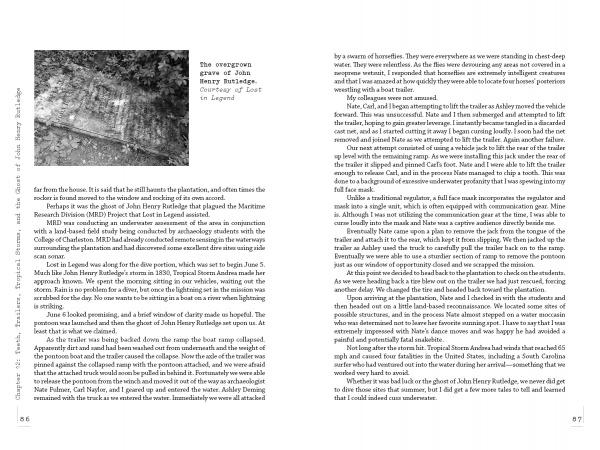 On the left page of Lost in Legend by Schiffer Publishing, Ltd., a weathered gravestone appears amid grass; the right page features two columns of black text on white, sharing South Carolina ghost stories.