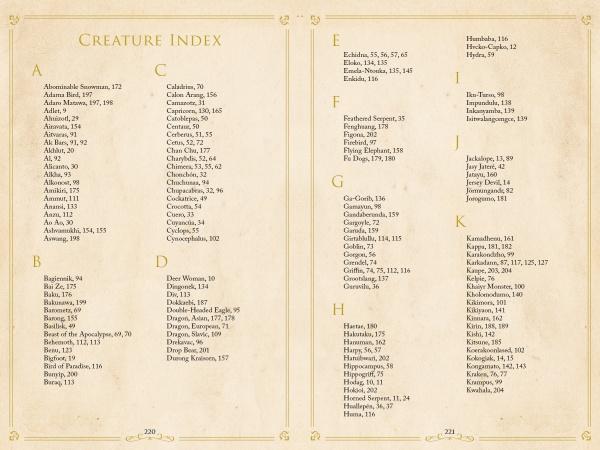 Monsters and Mythical Creatures from around the World" by Schiffer Publishing, Ltd. features a vintage-style index of creatures from A to I, with names and page numbers on a light brown, bordered background using a classic serif font.