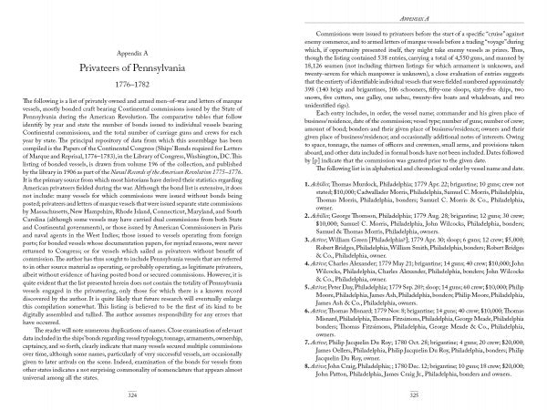 Two pages from Schiffer Publishing, Ltd.’s "Privateers of the Revolution" show an appendix with a historical summary and a numbered list of American Revolution privateers, their captains, and related details.
