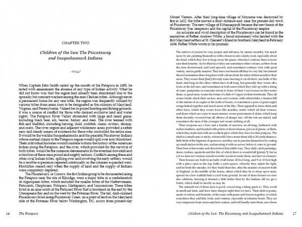 Two pages from "The Patapsco" by Schiffer Publishing, Ltd.: the left page begins with CHAPTER TWO about Captain John Smith, the Piscataway, and Susquehannock Indians in Maryland history; the right continues the story.