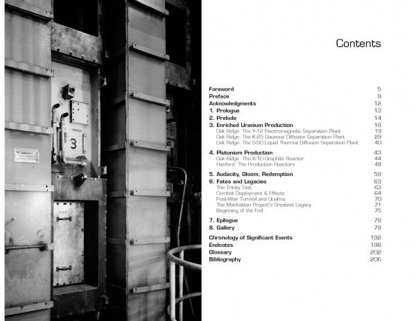 Black and white image with an industrial structure on the left and a table of contents on the right, listing chapters for "The Neutron's Long Shadow" by Schiffer Publishing, Ltd., about nuclear explosive production in the Manhattan Project.