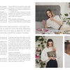 A magazine spread features a woman with light brown hair applying makeup while holding "Two Faced" by Schiffer Publishing, Ltd. She sits on a bed surrounded by cosmetics, checks her reflection at a lit vanity, with text about false eyelashes on the page.