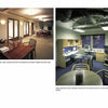 “Power Rooms” by Schiffer Publishing, Ltd. features two office interiors: one with warm wood furniture and red chairs, the other a modern area with blue chairs, computers, and exposed ceiling pipes.