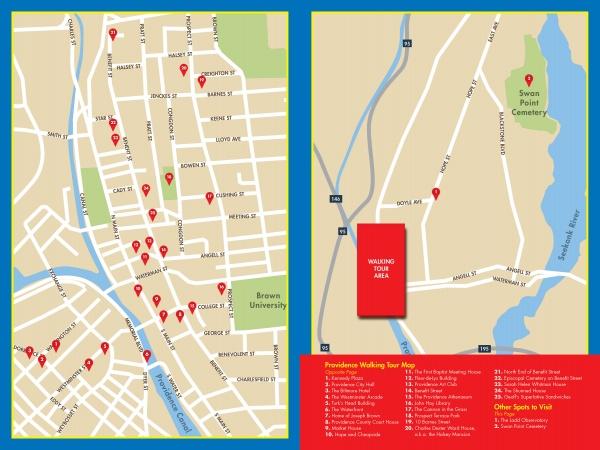 Map from Schiffer Publishing’s "Guidebook to Haunted & Strange Places in Rhode Island and Surrounds" shows downtown Providence, with red markers for 18 points of interest—like H.P. Lovecraft sites—featured on local ghost walking tours.