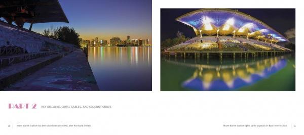 Two images from "Miami At Night" by Schiffer Publishing, Ltd.: Left, a twilight city skyline reflected in water beneath a shadowy overpass. Right, a brightly lit modern stadium with a curved roof, mirrored in water at night—ideal for cityscape photography lovers.