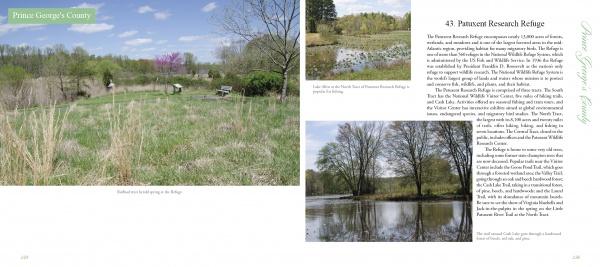 A grassy meadow with scattered trees beneath a blue sky, with inset images of a pond, illustrate Patuxent Research Refuge in Prince George’s County, Maryland, as featured in "Maryland's Public Gardens & Parks" by Schiffer Publishing, Ltd.