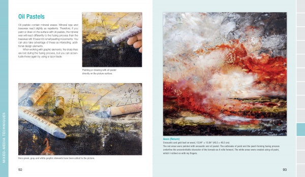 Discover "How to Create Encaustic Art" by Schiffer Publishing, Ltd.—a book spread with close-up pastel artwork, oil pastels in action, and tips on using encaustic techniques to inspire your creativity.