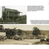 A black-and-white photo from "Route 66" by Schiffer Publishing, Ltd. shows an old log courthouse on a hill above a 1920s roadside stop along historic Route 66, with vintage cars and people outside a stone building amid Ozarks trees.