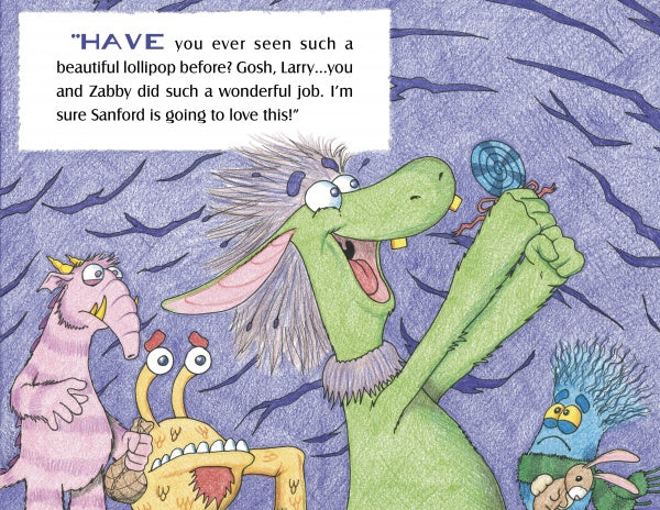 Larry the Lollipop Monster, a green furry creature, holds up a blue lollipop as three colorful monsters watch in a purple cave. "The Lollipop Monster Meets Clem the Klutz" by Schiffer Publishing, Ltd. features a cheerful message about forgiveness.