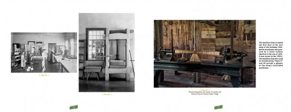 A two-page spread from The Shaker Legacies by Schiffer Publishing, Ltd. shows three photos—a vintage sewing room, stacked wooden cots, and an old workshop—reflecting Shaker craftsmanship; descriptive text appears alongside.
