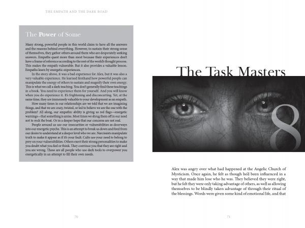 A book spread from Schiffer Publishing, Ltd.'s "The Empath and the Dark Road" features text titled The Power of Stone on the left page, and a large grayscale image of eyes, The Task Masters, the number 8, and a paragraph on emotional control on the right.