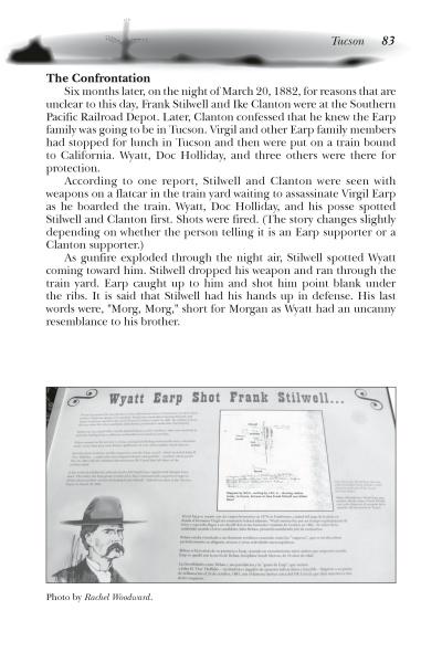 A black-and-white book page depicts a confrontation with Wyatt Earp, and below, a historic photo is labeled "Wyatt Earp Shot Frank Stilwell," linking Arizona's haunted tales in Schiffer Publishing, Ltd.'s Arizona's Haunted Hotspots.