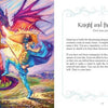 A knight with shield and sword faces a fierce dragon amid vibrant colors. On the right, “Inspirational Visions Oracle Cards” by Schiffer Publishing, Ltd. invites self-discovery through courage and adventure.