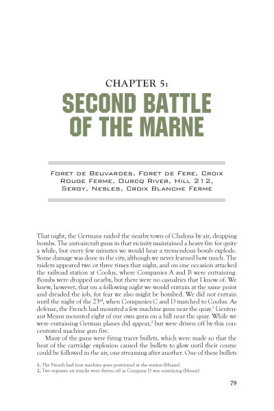 On page 79 of "Commanding Fire" by Schiffer Publishing, Ltd., Chapter 5: Second Battle of the Marne highlights French locations and describes a nighttime German raid near Chalons and the 151st Machine Gun Battalion’s response.