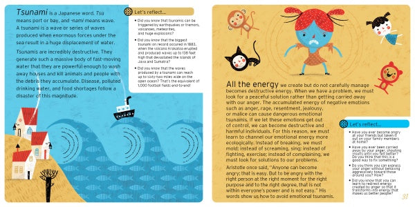 An illustrated page from Feelings Forecasters by Schiffer Publishing, Ltd.: Left shows tsunamis with a house, trees, and boat on waves; right features a sad red-haired girl, teaching kids about emotions and emotional intelligence.
