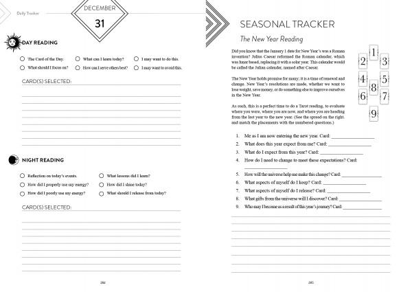 The Tarot Tracker by Schiffer Publishing, Ltd. features a December 31 journal page for day/night tarot reflections and a Seasonal Tracker page with New Year tarot prompts, a numbered spread, and reflection questions.