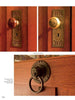 At the top, two brass doorknobs on wooden doors are shown. Below, a metal lion head door knocker is attached to a reddish-brown wood door, echoing the architectural details of restored homes featured in "Arts & Crafts Houses" by Schiffer Publishing, Ltd.