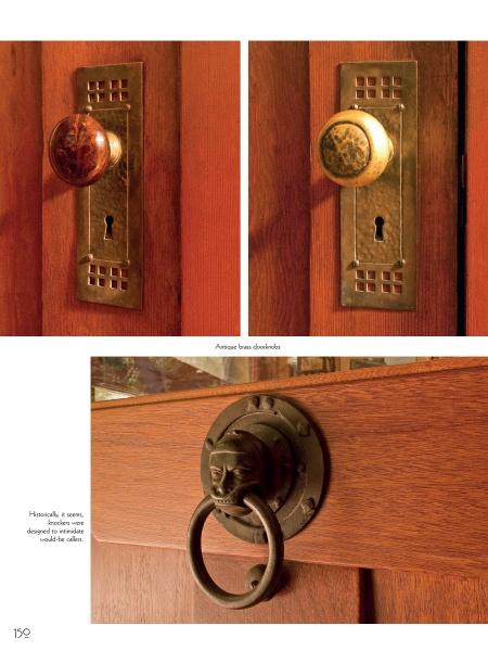At the top, two brass doorknobs on wooden doors are shown. Below, a metal lion head door knocker is attached to a reddish-brown wood door, echoing the architectural details of restored homes featured in "Arts & Crafts Houses" by Schiffer Publishing, Ltd.