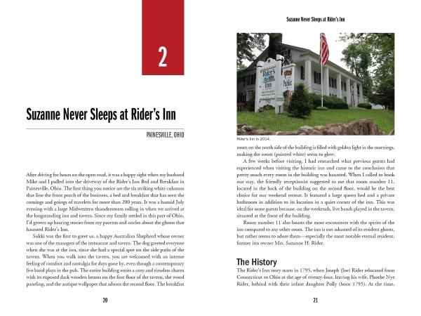 An open book from Schiffer Publishing, Ltd.’s "Ohio's Haunted Crimes" reveals text and a color photo of Rider’s Inn in Painesville, Ohio—its white columns, porch, and flag beside a sign—rumored to be haunted in local ghost stories.