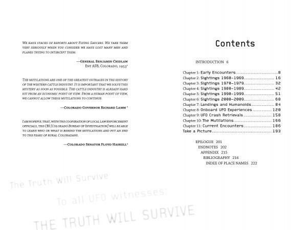 Open pages from "UFOs Over Colorado" by Schiffer Publishing, Ltd. display chapter titles with page numbers on the right and quotations about UFO history and sightings in Colorado on the left. “THE TRUTH WILL SURVIVE” appears faintly at the bottom.