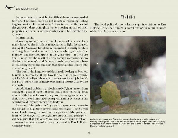 A misty form rises among gravestones in this eerie photo from Schiffer Publishing, Ltd.’s "Long Island's Most Haunted Cemeteries," with a flashlight beam illuminating the ghostly scene, evoking classic paranormal investigations. Text frames the image.