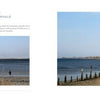 A two-page spread from *Archipelago New York* by Schiffer Publishing, Ltd.: left page—someone by calm water with caption; right page—a broad view of shore, water, and old pilings from a sailing trip around NYC islands.
