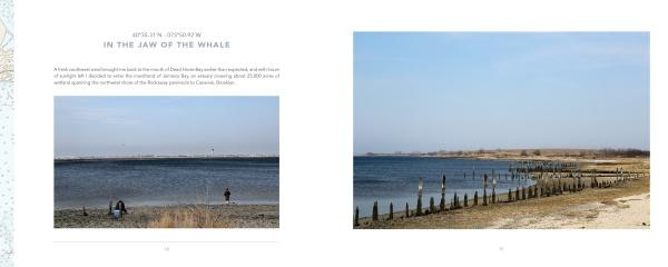 A two-page spread from *Archipelago New York* by Schiffer Publishing, Ltd.: left page—someone by calm water with caption; right page—a broad view of shore, water, and old pilings from a sailing trip around NYC islands.