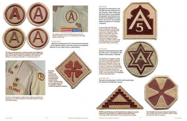 Desert Uniforms, Patches, and Insignia of the US Armed Forces by Schiffer Publishing, Ltd. showcases photos of US military patches—round, triangle, and shield-shaped with numbers and symbols—sewn onto uniforms, with detailed info throughout.