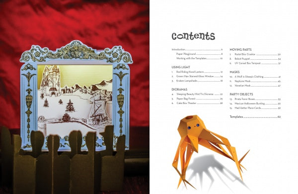 A vibrant spread from Cut It! by Schiffer Publishing, Ltd. displays a stage-like paper diorama with cardboard figures, a playful table of contents, and a folded orange crab model—perfect for inspiring kids’ papercraft projects.