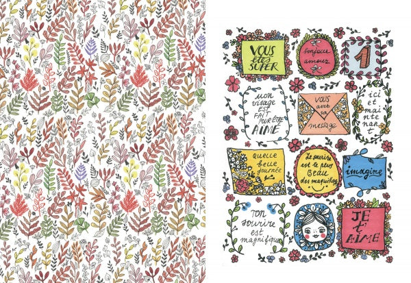 Left: The Floral Doodling Handbook by Schiffer Publishing, Ltd. features vibrant floral patterns in red, yellow, purple, brown, and green. Right: Enjoy hand-drawn French quotes in whimsical, floral frames—ideal for art journaling inspiration.