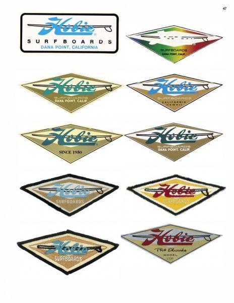 Graphic Surf by Schiffer Publishing, Ltd. features nine vintage Hobie Surfboards logos in unique colors and styles, ideal for surfboard stickers or memorabilia, with classic “Dana Point, California” or “Since 1950” text.