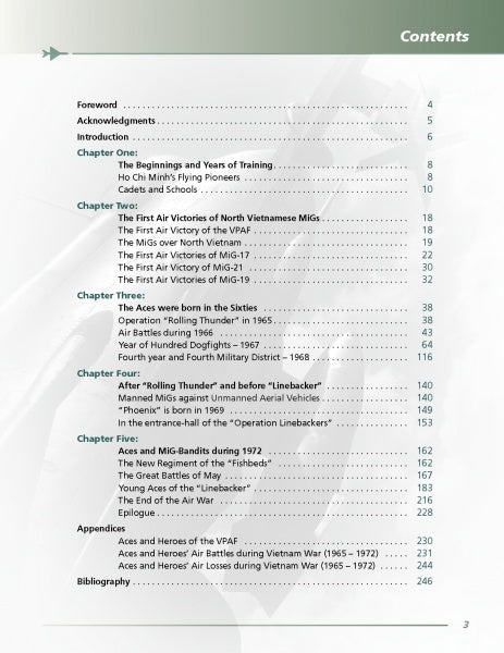 A table of contents page from "MiG Aces of the Vietnam War" by Schiffer Publishing, Ltd. lists chapters on MiG aces and North Vietnamese air battles, displaying section titles and page numbers in a clear, simple layout focused on Vietnam War aviation.