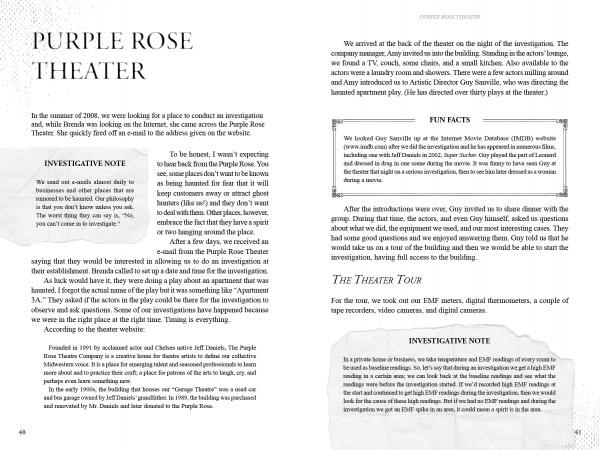 A two-page spread from Ghost Hunting in Michigan by Schiffer Publishing, Ltd. features blocks of text, fun facts, and investigative notes about haunted Michigan sites on gray backgrounds, with no images or photos included.