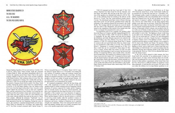 A book spread from "United States Navy and Marine Corps Aviation Squadron Lineage, Insignia, and History" by Schiffer Publishing, Ltd. shows text, four dragon-and-sword military patches, and a black-and-white aircraft carrier photo, highlighting aviation history.