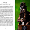 A man as Papa Legba—dreadlocks, tall hat, face paint, and cigar—holds a veve box against green in this vivid image from Justice Howard's Voodoo by Schiffer Publishing, Ltd. Papa Legba text features on the left side.