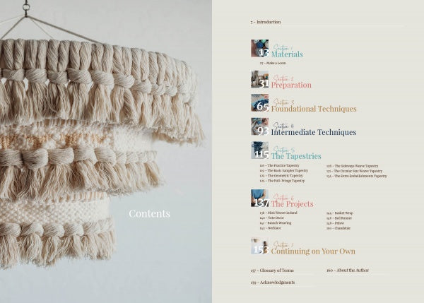 On the left, a fringed woven lampshade hangs with "Contents" beside it. On the right, a table of contents lists sections and pages for beginner projects and weaving techniques from Welcome to Weaving by Schiffer Publishing, Ltd.